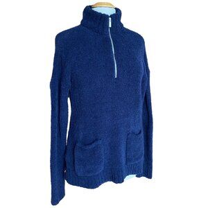 Marled 1/4 Zip Chenille Boucle Knit Sweater Sz M Navy Blue Nautical Pockets